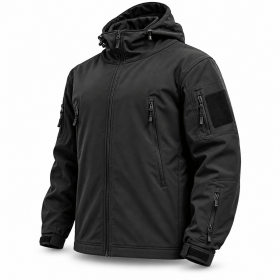 Men's Hooded Outdoor Jacket, Full Zip Tactical Style Jacket with Multiple Zipper Pockets and Adjustable Cuffs for Hiking, Camping and Travel, Sâ€“XXXL (Color: Black, size: XL)