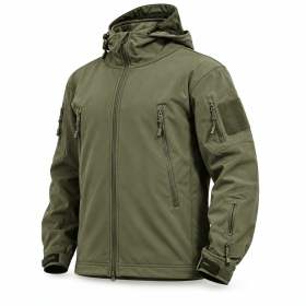 Men's Hooded Outdoor Jacket, Full Zip Tactical Style Jacket with Multiple Zipper Pockets and Adjustable Cuffs for Hiking, Camping and Travel, Sâ€“XXXL (Color: OD Green, size: XXL)