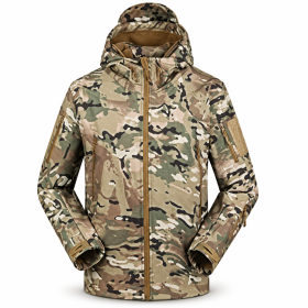 Men's Hooded Outdoor Jacket, Full Zip Tactical Style Jacket with Multiple Zipper Pockets and Adjustable Cuffs for Hiking, Camping and Travel, Sâ€“XXXL (Color: Camo, size: M)